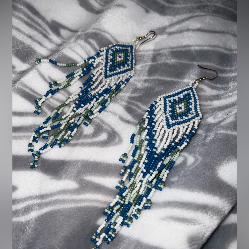 Blue and white beaded native style earrings